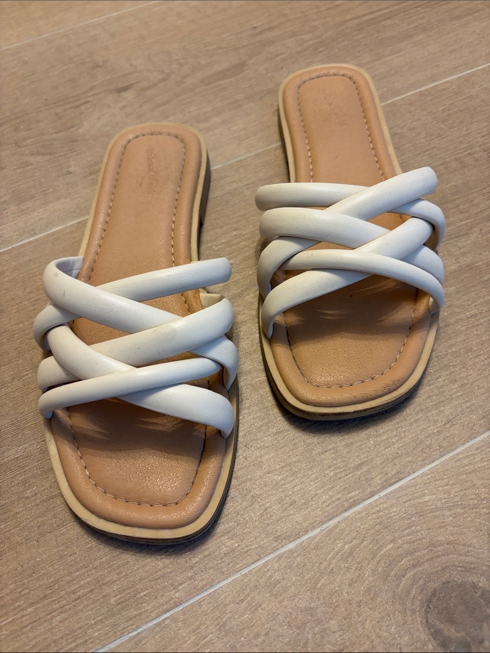 White Braided Slide Sandals with Padded Tan Footbed